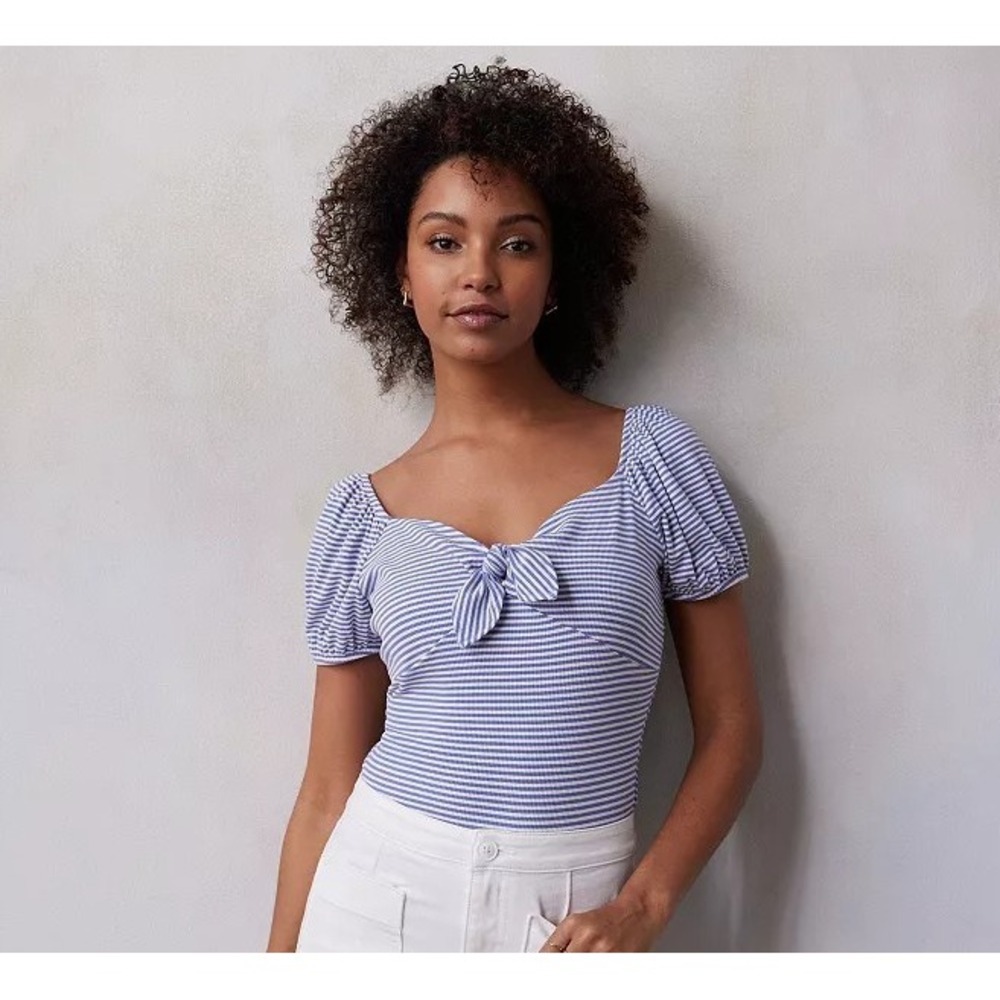LC Lauren Conrad Blue White Striped Ribbed Puff Sleeve Tie Front Bodysuit Large